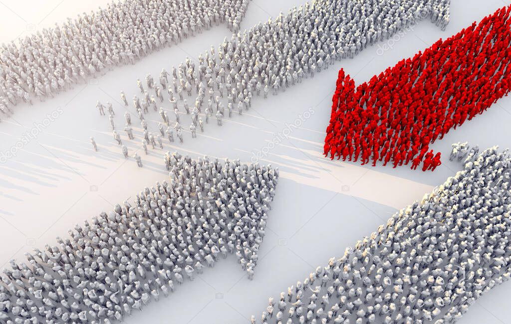 3D illustration success leadership business ideas concept crowd people  arrow form topview go forward with strength and powerful determind on white floor with sunlight