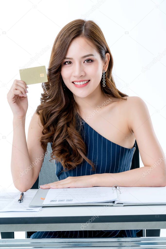 beautiful asian elegance female enjoy online shopping with credit card and smartphone business ideas concept