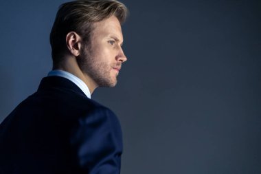 Zarif, beyaz, başarılı, sakallı bir iş adamı. Resmi takım elbise, gri arka plan.