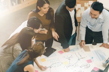 Yaratıcı ajans beyin fırtınası sunumunun üst görüntüsü ürün tanıtım, sunum, planlama, strateji, yeni iş geliştirme için yol haritasını tartışıyor