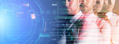 Kafkas iş adamı 4 aksiyon resmi gömlek iş organizasyonu başlangıç konsepti çift pozlama dijital sanal ikon teknoloji ton renk görüntüsü