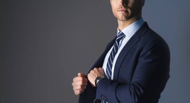 Zarif, beyaz, başarılı, sakallı bir iş adamı. Resmi takım elbise, gri arka plan.