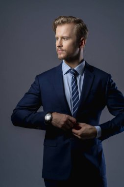 Zarif, beyaz, başarılı, sakallı bir iş adamı. Resmi takım elbise, gri arka plan.