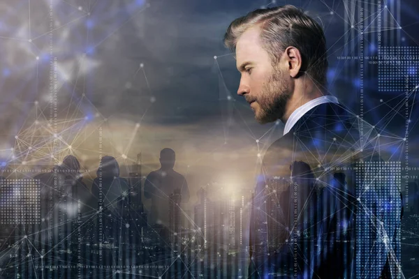 smart handsome beard caucasian businessman  double exposure with downtown city building and polygon virtual graphic smart hitech technology ideas concept