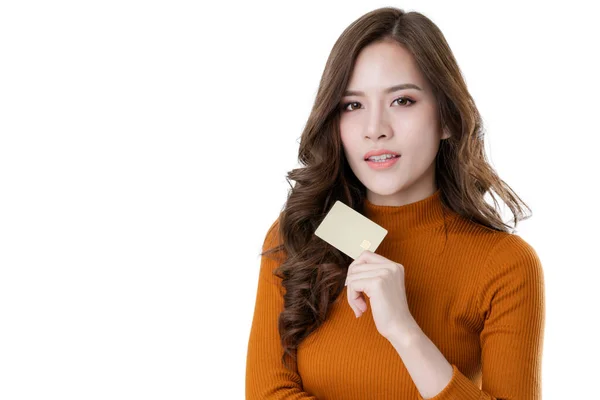 Bela Asiática Elegância Feminina Desfrutar Compras Line Com Cartão Crédito — Fotografia de Stock