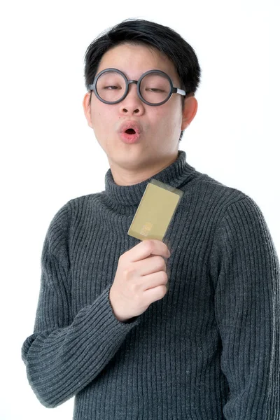 Negocio Asiático Hombre Usar Gafas Grande Sonrisa Mano Hold Tarjeta —  Fotos de Stock