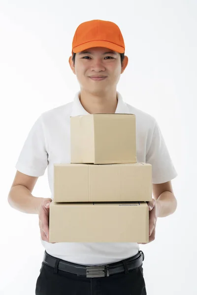 Inteligente Asiático Mensajero Entrega Hombre Mano Hold Producto Cajas Retrato — Foto de Stock