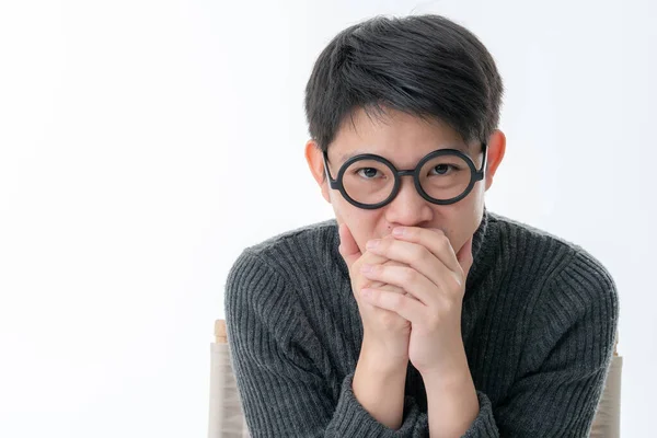 Kreatív Okos Ázsiai Férfi Szemüveggel Arc Érzelmi Portré Boldogsággal Magabiztos — Stock Fotó