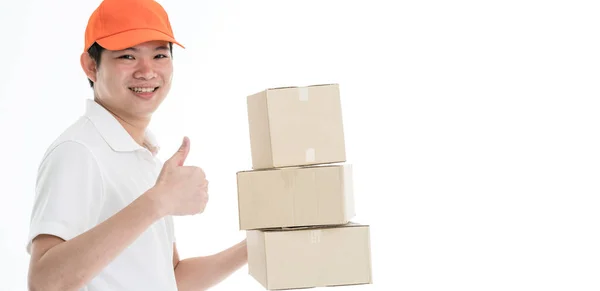 Business Casual Asiatische Lieferung Kerl Tragen Hut Stehend Porträt Hand — Stockfoto