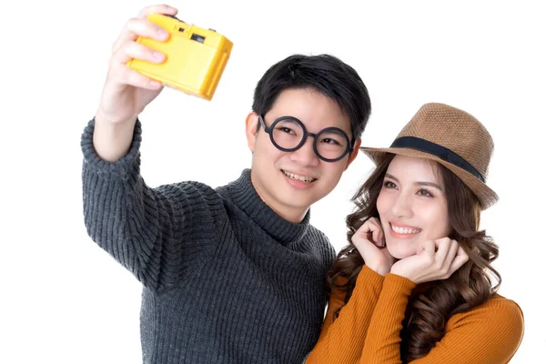 Paar Asiatische Reisende Glücklich Mit Kamera Und Sehenswürdigkeiten Genießen Moment — Stockfoto