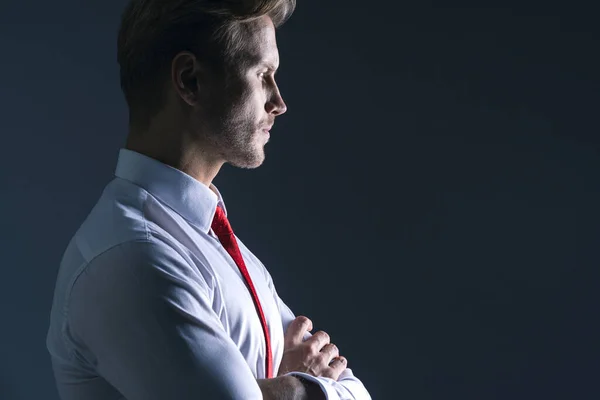 Smart Handsome Caucasian Businessman White Shirt Hand Touch Red Neck — Stock Photo, Image