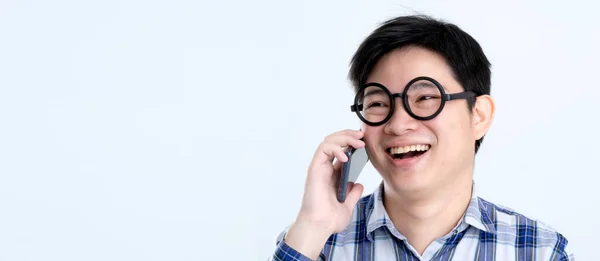 Business Communication Concept Smart Asian Man Glasses Hand Use Smartphone — Stock Photo, Image