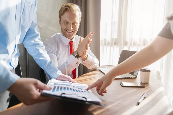 Successful Business Meeting Caucasian Businessman Manager White Shirt Red Tie — Stock Photo, Image