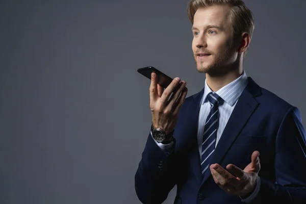 Caucasian Successful Businessman Beard Close Mouse Lip Hand Hold Smartphone — Stock Photo, Image