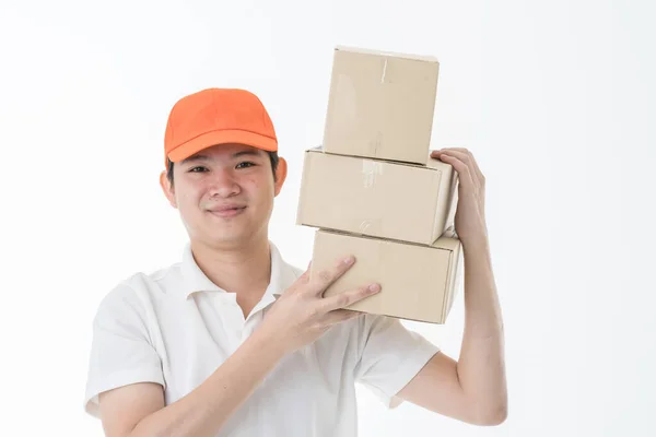 Business Casual Asian Delivery Guy Wear Hat Standing Portrait Hand — Stock Photo, Image