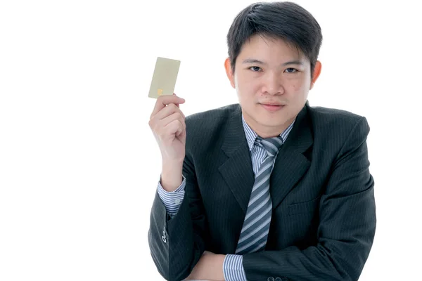 Negócio Asiático Homem Mão Segurar Cartão Crédito Pronto Para Compras — Fotografia de Stock