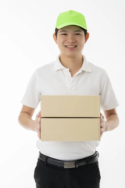 Inteligente Asiático Mensajero Entrega Hombre Mano Hold Producto Cajas Retrato — Foto de Stock