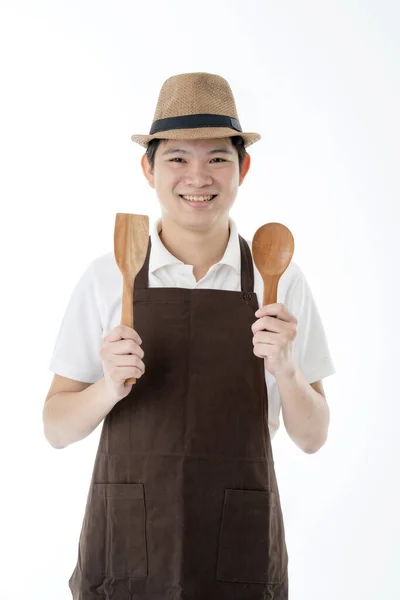 Slim Geluk Aziatische Vriendelijke Winkel Eigenaar Dragen Bruin Schort Portret — Stockfoto