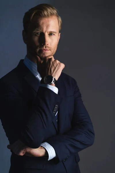 Zarif, beyaz, başarılı, sakallı bir iş adamı. Resmi takım elbise, gri arka plan.