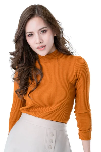 Bela Atraente Elegância Asiática Mulher Vestido Marrom Rosto Modelo Pose — Fotografia de Stock