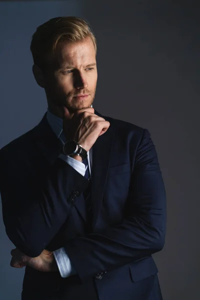 Zarif, beyaz, başarılı, sakallı bir iş adamı. Resmi takım elbise, gri arka plan.