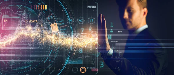 iş dünyasının yenilikçi iş adamı resmi kıyafet denetimi sanal fütüristik cihaz ekranı çift pozlama teknolojisi grafik tasarım pankartı boyutu