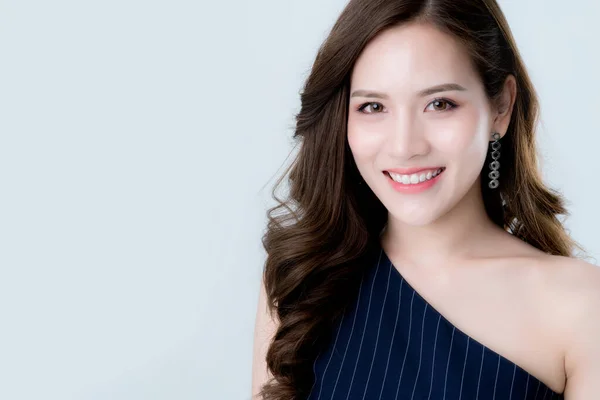 Gyönyörű Vonzó Elegancia Ázsiai Kék Ruha Kéz Érintés Arc Modell — Stock Fotó