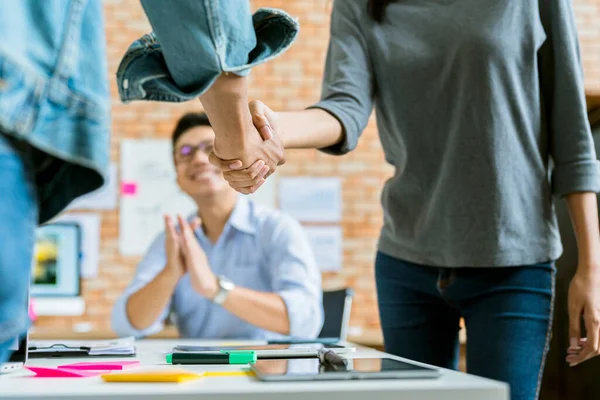 Successful Creative Businessmen Smiling Happy Shaking Hands Meeting Laptop Board — Stock Photo, Image