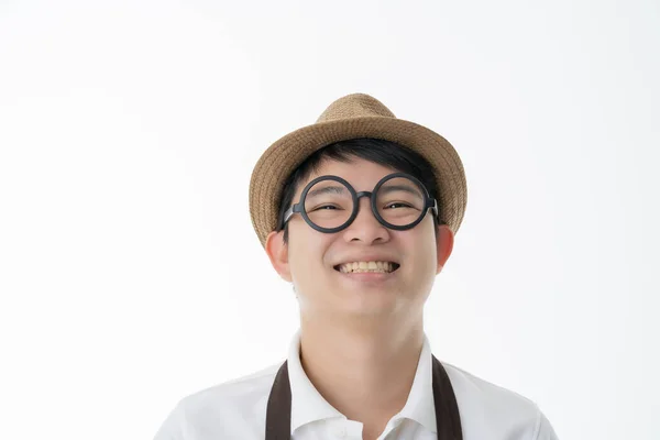 Smart Glasses Ευτυχία Ασιατικό Φιλικό Κατάστημα Ιδιοκτήτης Φορούν Καφέ Ποδιά — Φωτογραφία Αρχείου