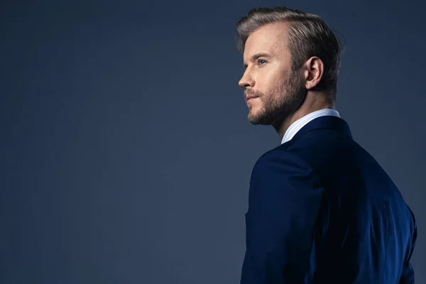 Zarif, beyaz, başarılı, sakallı bir iş adamı. Resmi takım elbise, gri arka plan.