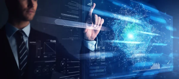 Fotokopi alanı, yenilik, ağ, büyük veri ve internet konsepti ile sanal ekranda iş adamı eliyle sanal dairesel bilgilere dokunduğu fütüristik teknoloji soyut arka planı