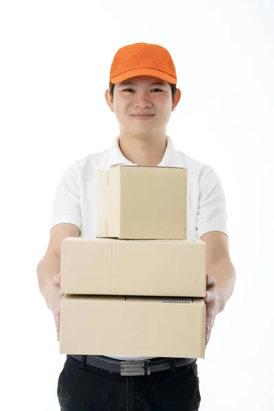 Smart Asian Messenger Delivery Man Hand Hold Product Boxes Portrait — Stock Photo, Image