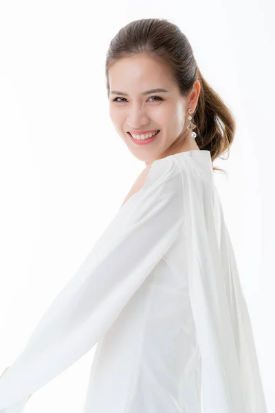 Beautiful Attractive Asian Woman White Dress Relax Emotion Photoshoot White Stock Photo