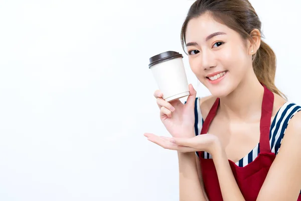 Atraente Asiático Feminino Empresário Proprietário Com Avental Mão Presente Trey — Fotografia de Stock