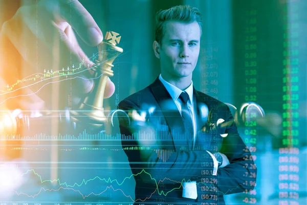 Caucasian Businessman Suit Successful Contract Graph Chart Chess Game Strategy — Stock Photo, Image