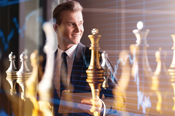 Caucasian Businessman Suit Successful Contract Graph Chart Chess Game Strategy — Stock Photo, Image