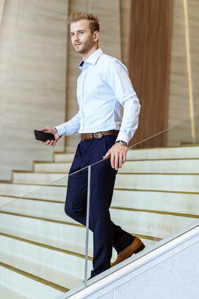 Successful Smart Caucasian Businessman Walking Stair Make Communication Smartphone Communicate — Stock Photo, Image