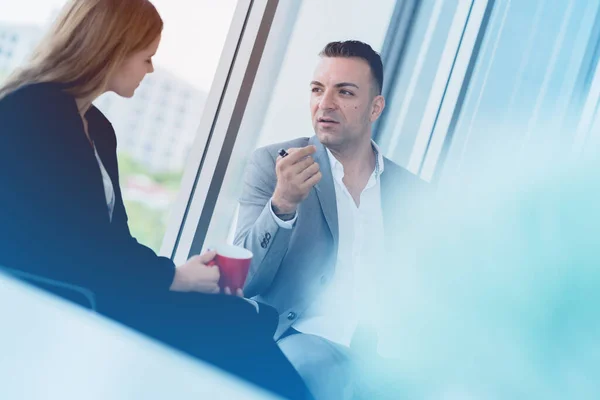 Business Casual Discussing Caucasian Woman Manager Sit Conversation Big Window — Stock Photo, Image