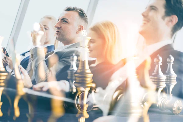 Successful Business Teamwork Double Exposure Image Business Partner Chess Board — Stock Photo, Image