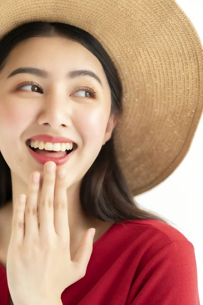 Bela Felicidade Asiático Teen Mulher Vermelho Vestido Desgaste Rattan Chapéu — Fotografia de Stock