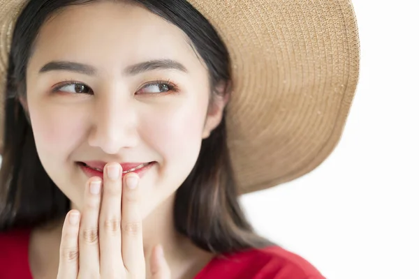 Atraente Bonito Asiático Mulher Vermelho Vestido Desgaste Verão Chapéu Sorriso — Fotografia de Stock