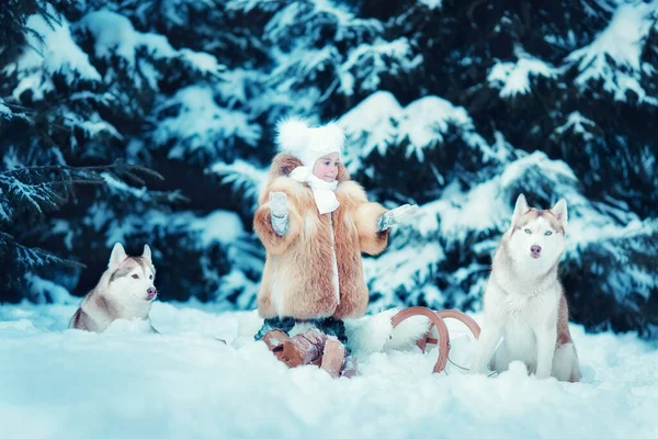 Niña Con Husky Siberiano Bosque Invierno —  Fotos de Stock