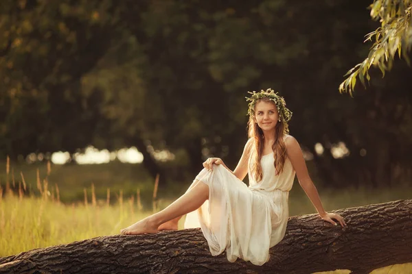 穿着白衣的小女孩正坐在森林里的一棵树上 沐浴在夕阳西下的光芒中 — 图库照片