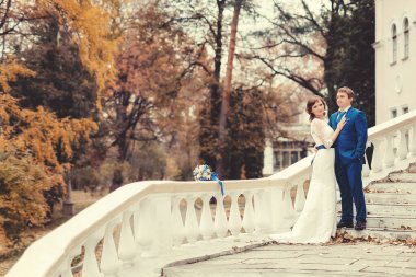 Düğün, yeni evliler sonbahar parkında beyaz sütunlarla merdivenlerde duruyorlar.