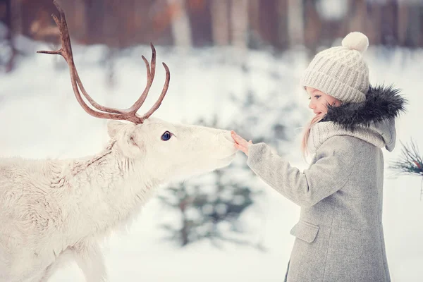 Petite Fille Tient Debout Avec Renne Blanc Dans Forêt Hiver — Photo