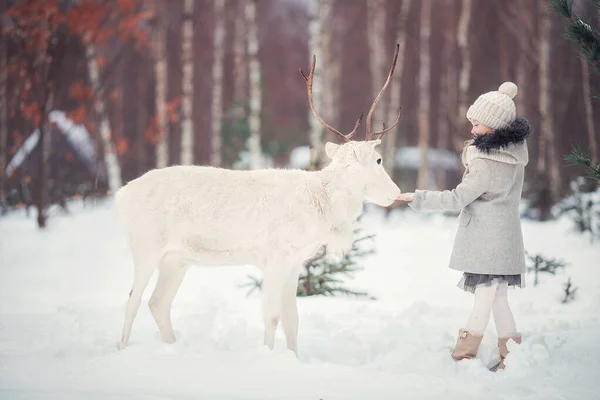 小女孩和一只白色的驯鹿站在冬天的森林里 — 图库照片