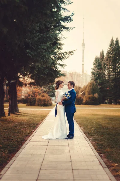 Matrimonio Sposi Sono Piedi Nel Parco Autunno — Foto Stock