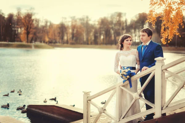 Bruiloft Pasgetrouwden Staan Bij Het Meer Het Park Herfst — Stockfoto