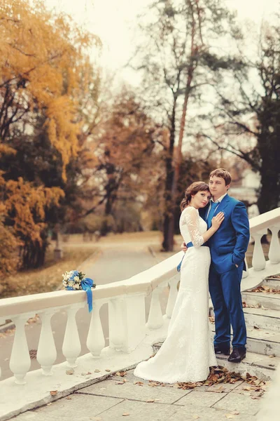 Matrimonio Sposi Sono Piedi Sulle Scale Con Colonne Bianche Nel — Foto Stock