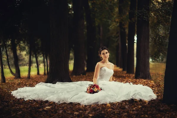 美丽的新娘穿着婚纱躺在秋天的森林里的树叶上 — 图库照片
